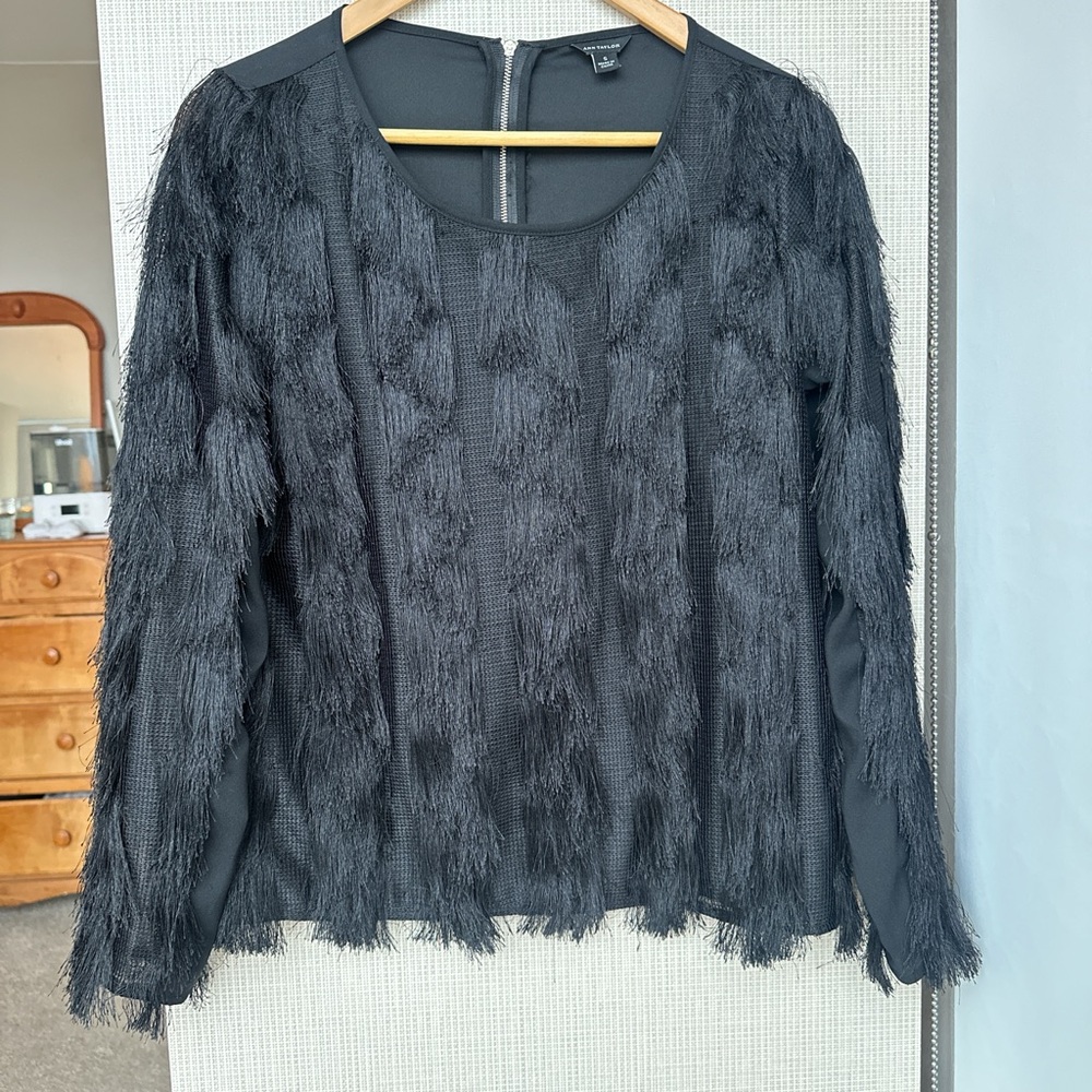 Ann Taylor Black Long-Sleeve Fringe Detail Top